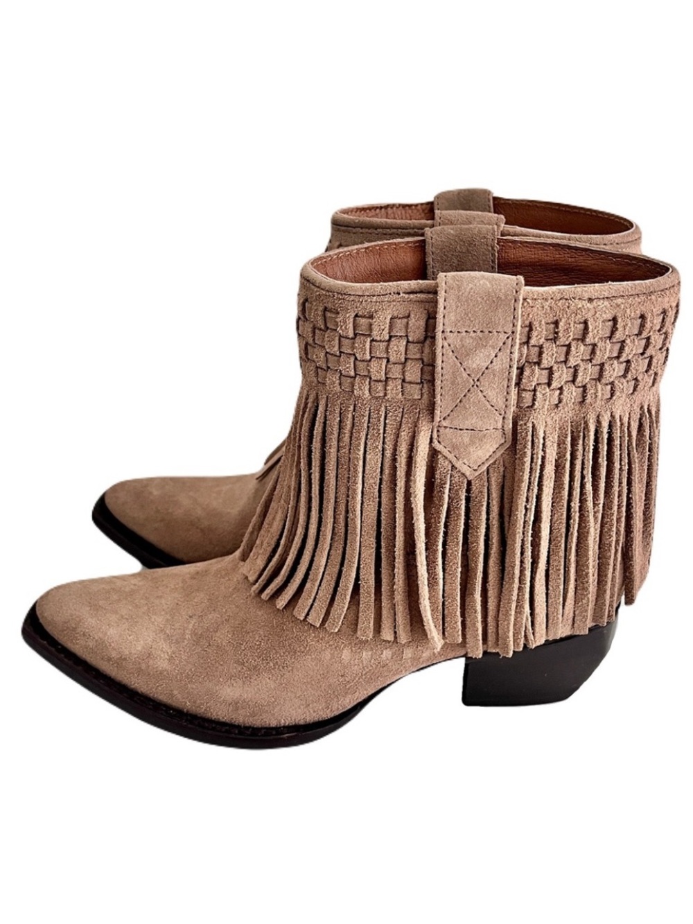 Frye ‘Sacha’ Beige Taupe Suede Fringe Short Cowboy Western Boots, Size 7.5
